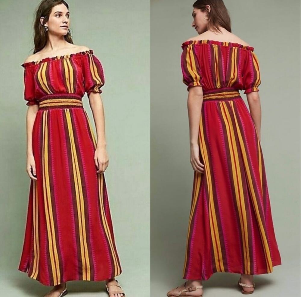 Anthropologie Anupamma Silk Maxi Dress Striped Off Shoulder Red Resortwear XS